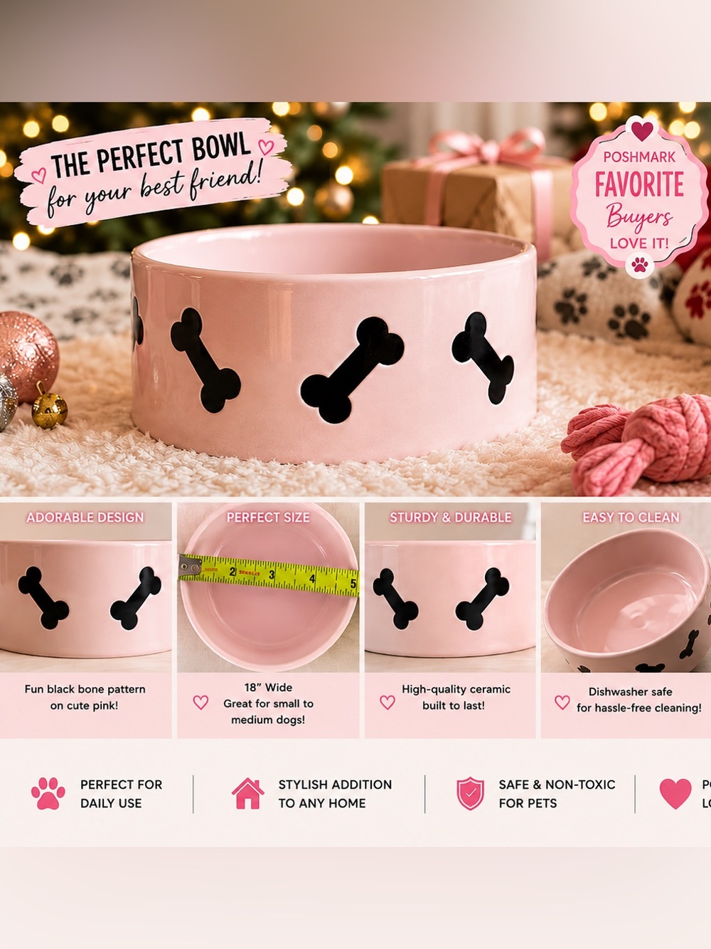 Pink Dog Bowl with Black Bone Design